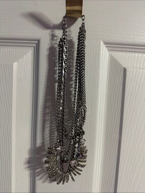 Stella & Dot Silver Multi-Chain Statement Necklace with Clear Crystal Accents